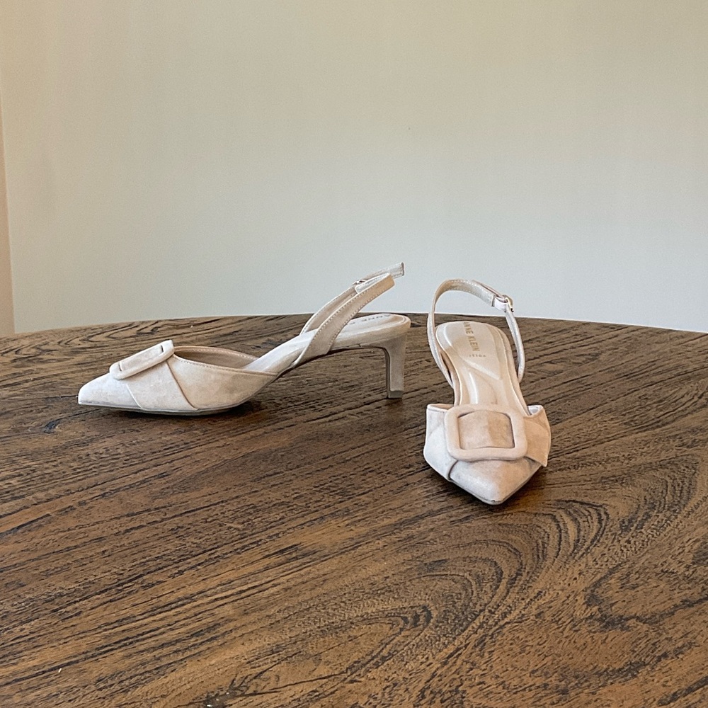 Anne Klein Cream Pointed Toe Slingback Heels with Buckle Detail